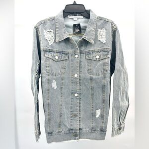 Women’s Jacket HYFVE by LALA Distressed Light Gray Blue Denim Shirt Jacket